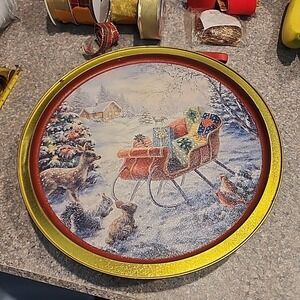 Christmas Cookie Tin Original Gourmet Reindeer Sleigh Red Gold Large 13" Tray‎